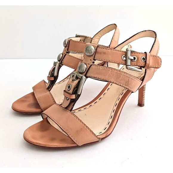Coach T Strap Tan Leather Sandals Silver Buckle Studs Wood Stiletto Heel Sz 6.5 - Picture 10 of 10